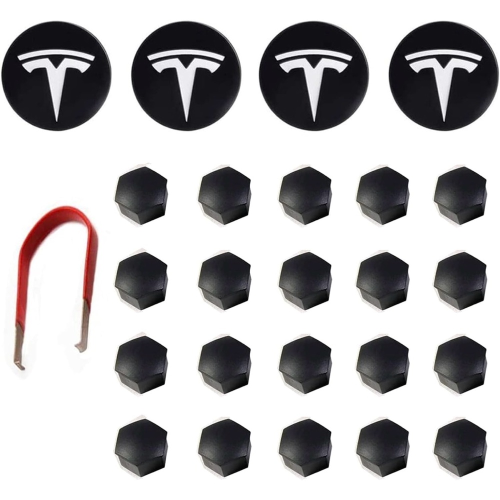 🐣 Tesla Wheel Center Cap & Lug Nut Cover Set – Black